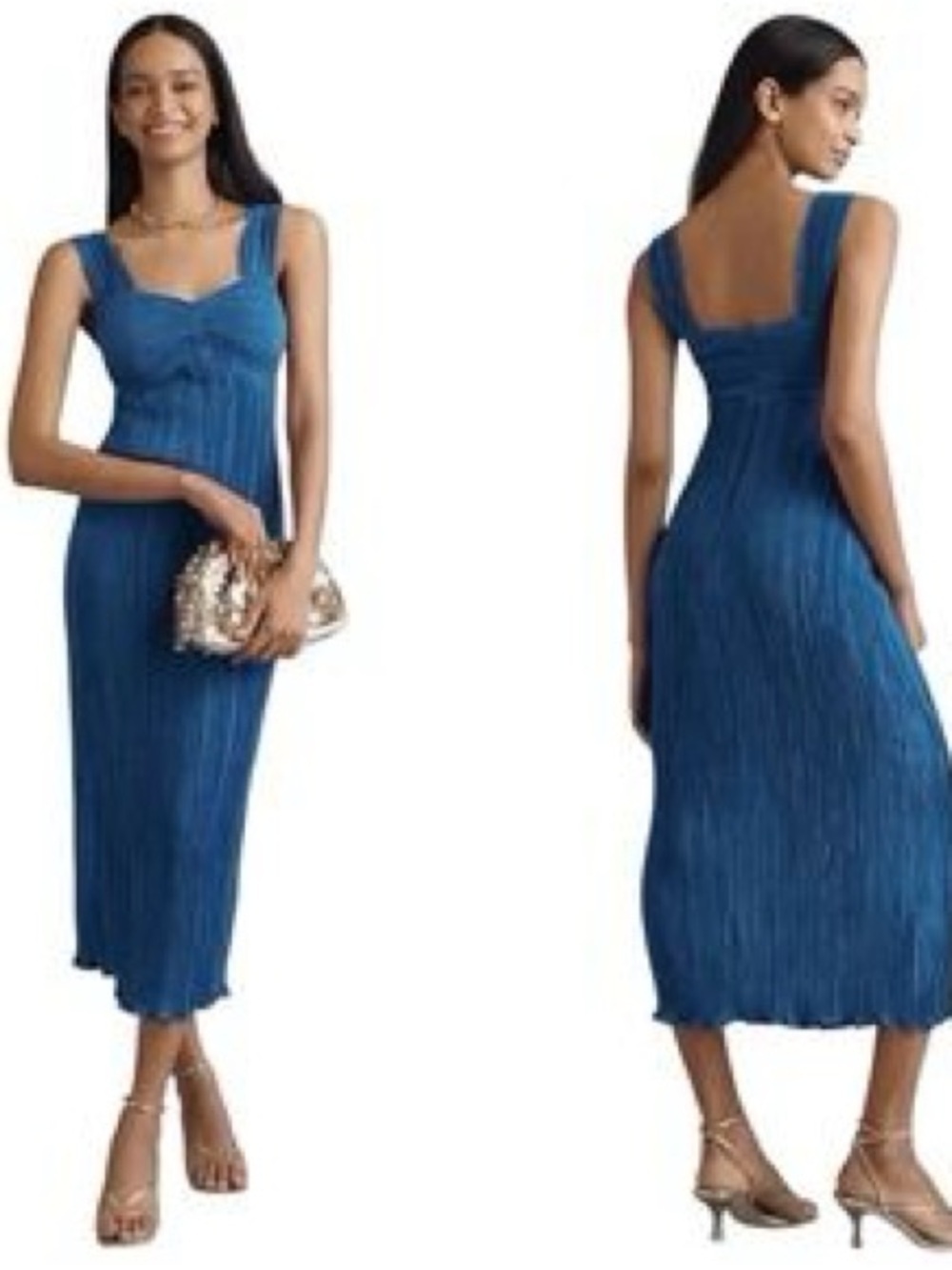 🆕Anthropologie Pleated Satin Blue Midi Dress  | Cocktail Wedding Guest Women’s S